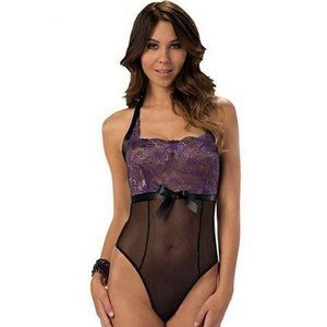 Escante Purple Aubergine Nights Halter‎ Neck Teddy with G String Back